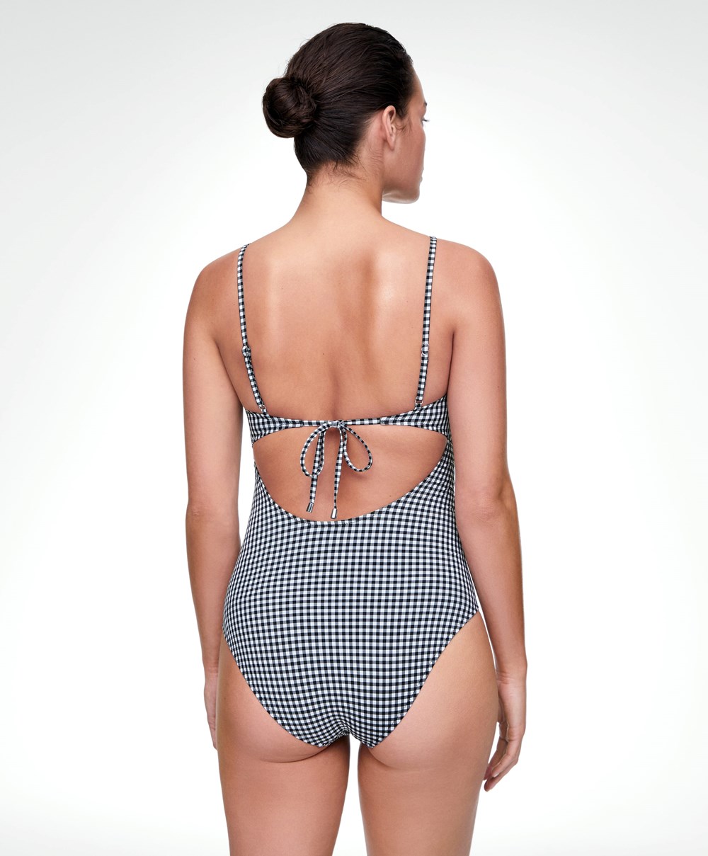 Oysho Gingham Cut-out Swimsuit Svarte | ZSQU54826