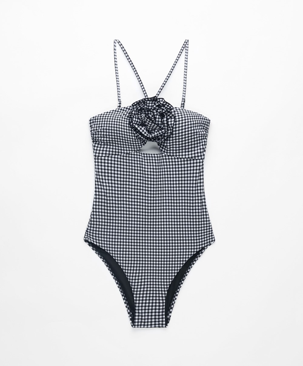 Oysho Gingham Cut-out Swimsuit Svarte | ZSQU54826