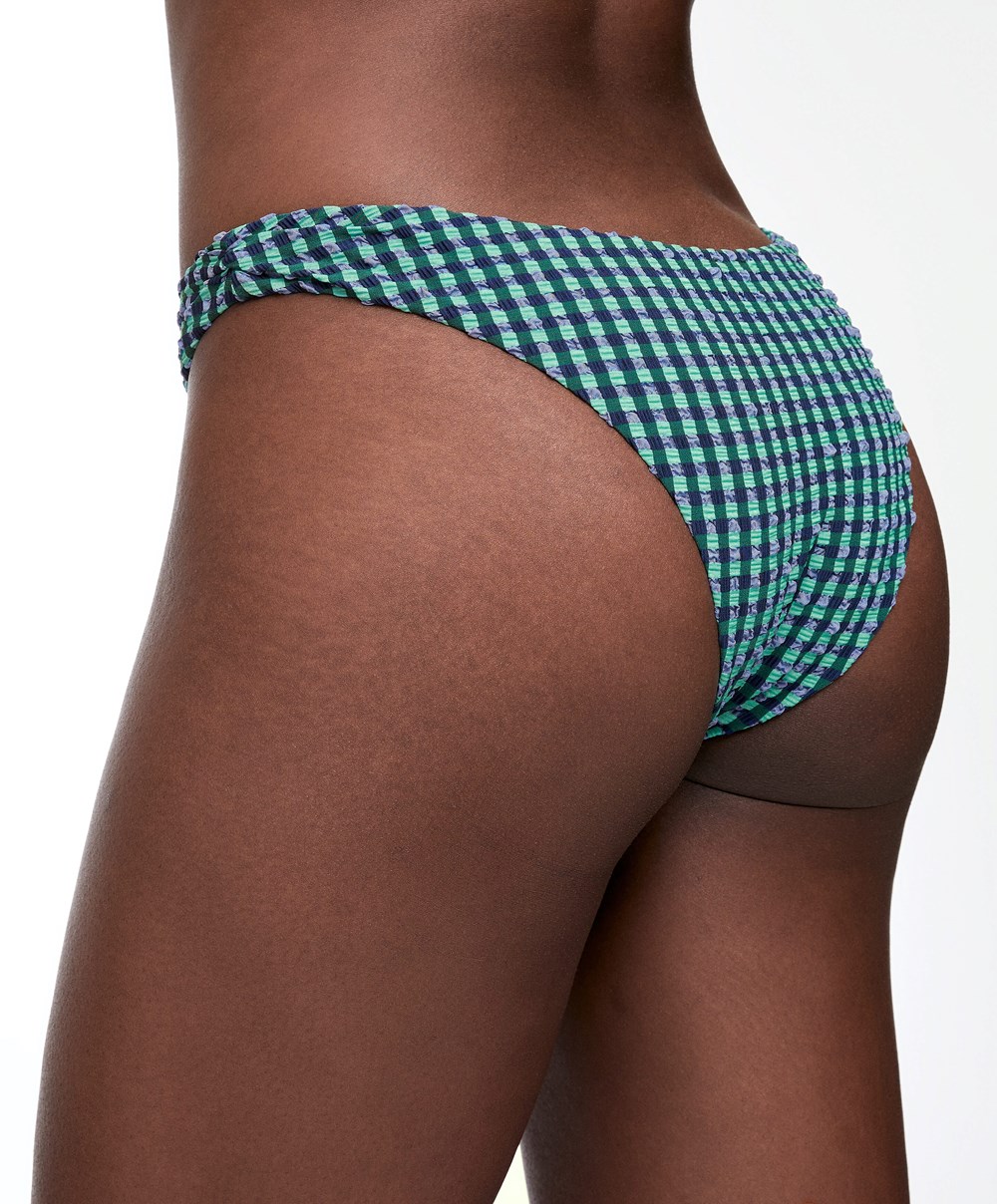 Oysho Gingham U-cut Mid-rise Bikini Briefs Aquamarine | ENOF29085