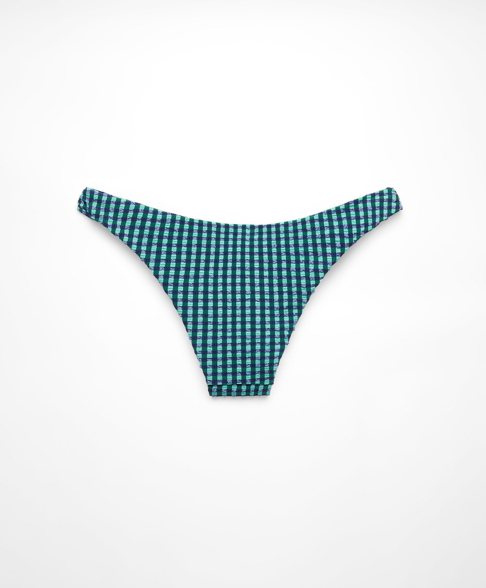 Oysho Gingham U-cut Mid-rise Bikini Briefs Aquamarine | ENOF29085