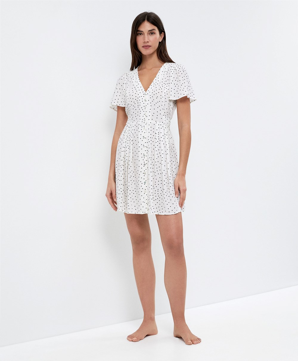 Oysho Kort Polka Dot Kjoler Ecru | FHXN47615