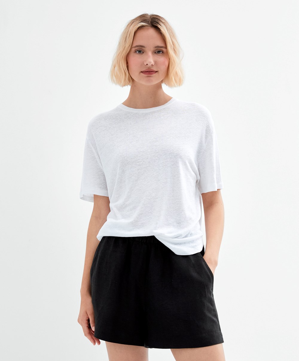 Oysho Kort Sleeve Linen T-shirt Hvite | REUZ68903