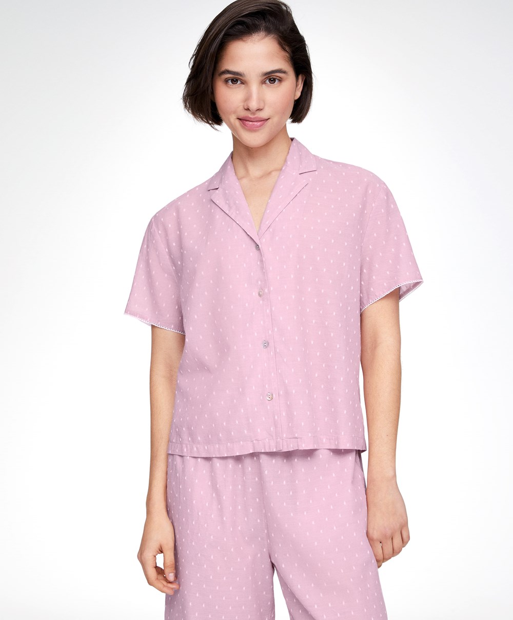 Oysho Kort-sleeved 100% Bomull Plumeti Shirt Mid-rosette | IFRK62871