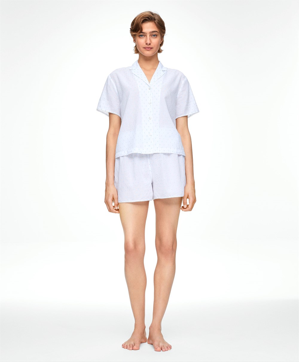 Oysho Kort-sleeved 100% Bomull Plumeti Shirt Hvite | SXKA93670