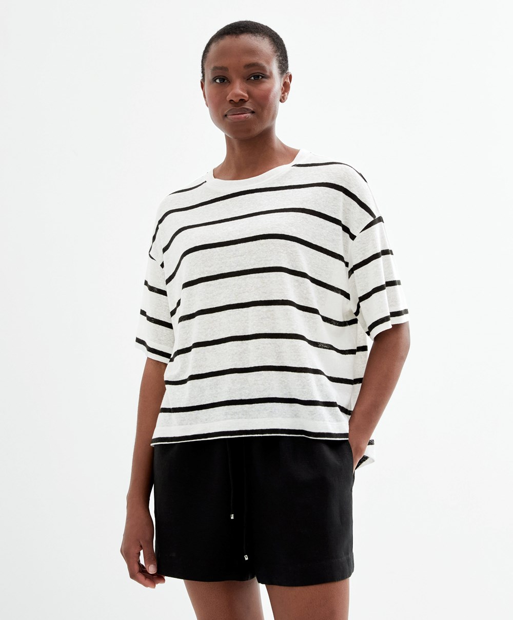 Oysho Kort-sleeved Linen Stripe T-shirt Svarte | DZAE94723