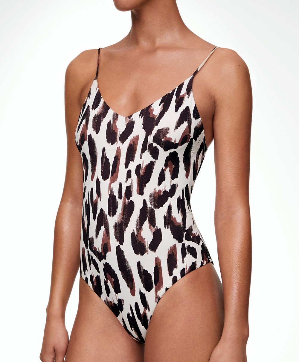 Oysho Leopard Print V-neck Swimsuit Ecru | MZVX76982