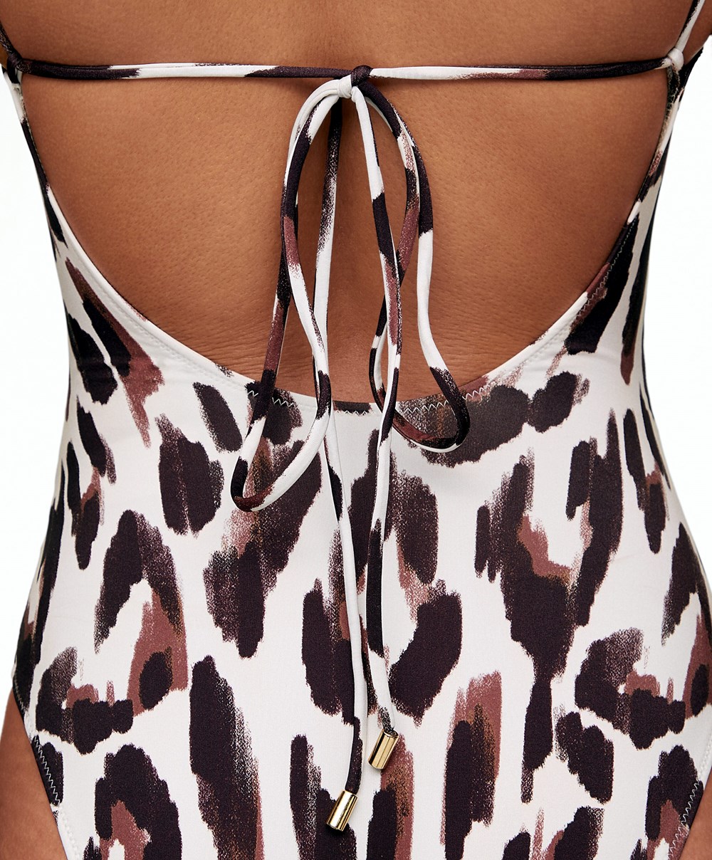 Oysho Leopard Print V-neck Swimsuit Ecru | MZVX76982