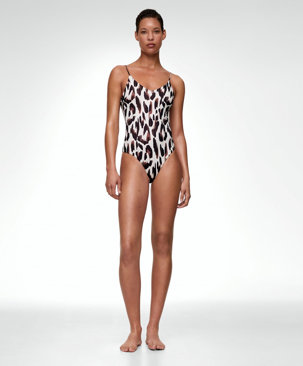 Oysho Leopard Print V-neck Swimsuit Ecru | MZVX76982