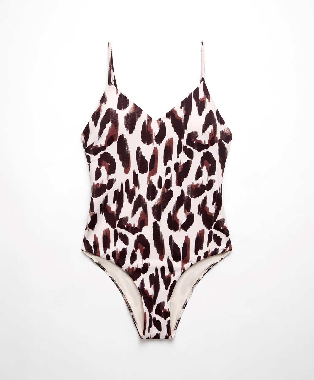 Oysho Leopard Print V-neck Swimsuit Ecru | MZVX76982