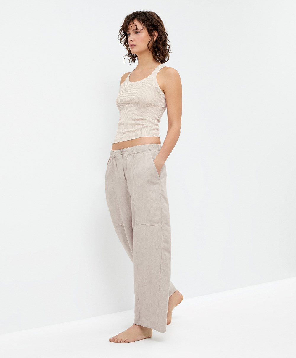 Oysho Linen Barrel Trousers Sand Melange | WJMF17653