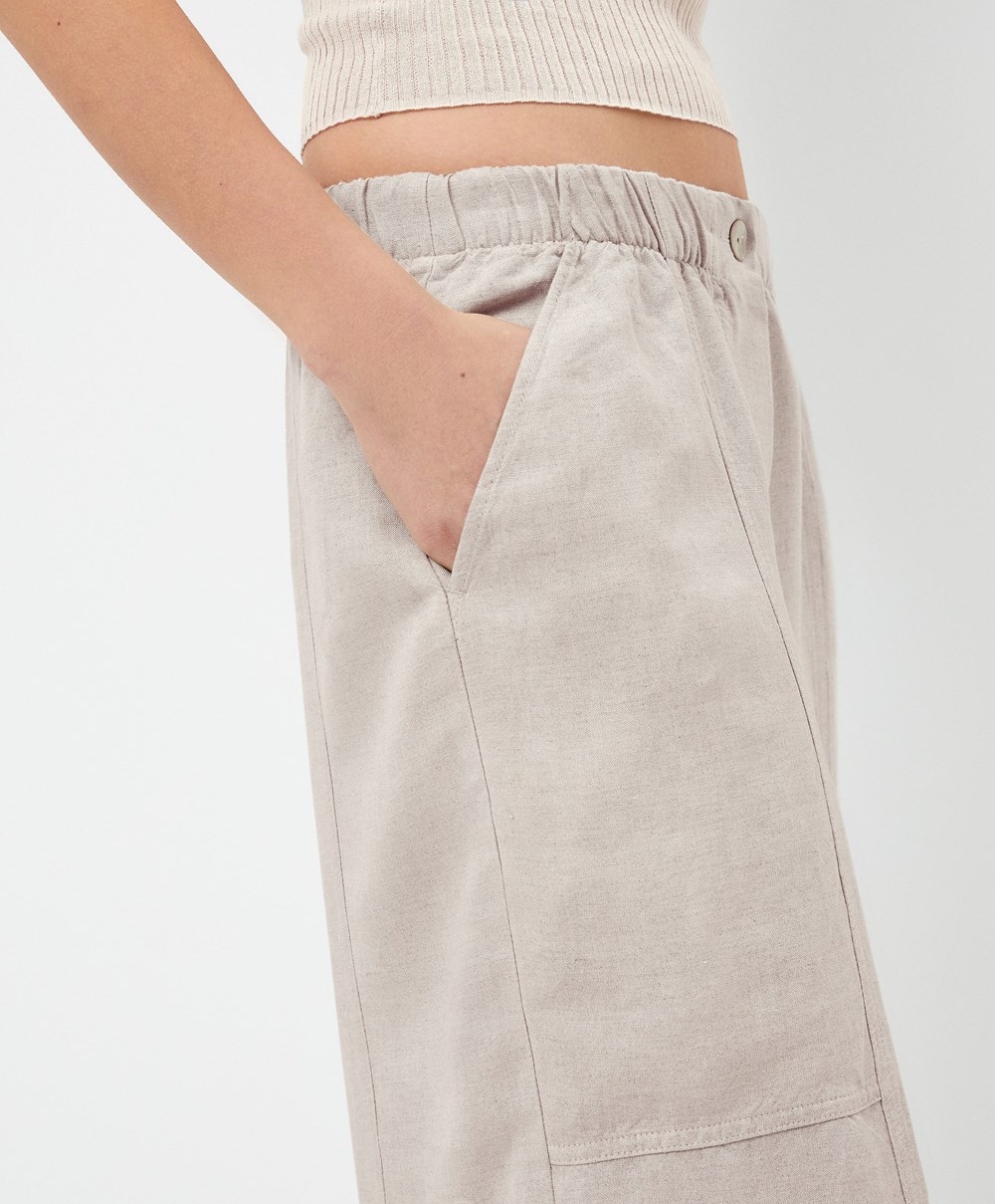 Oysho Linen Barrel Trousers Sand Melange | WJMF17653