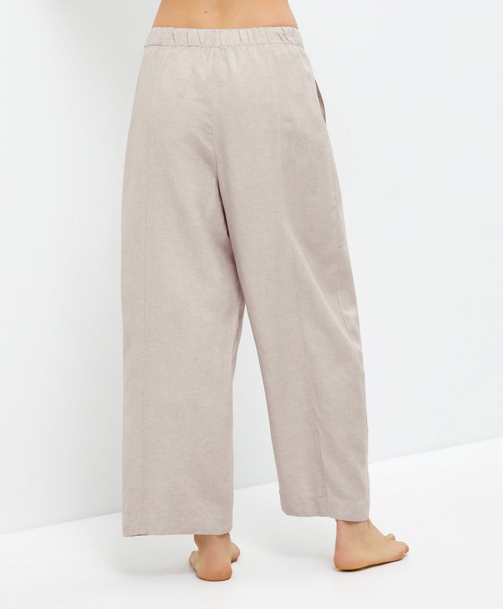 Oysho Linen Barrel Trousers Sand Melange | WJMF17653