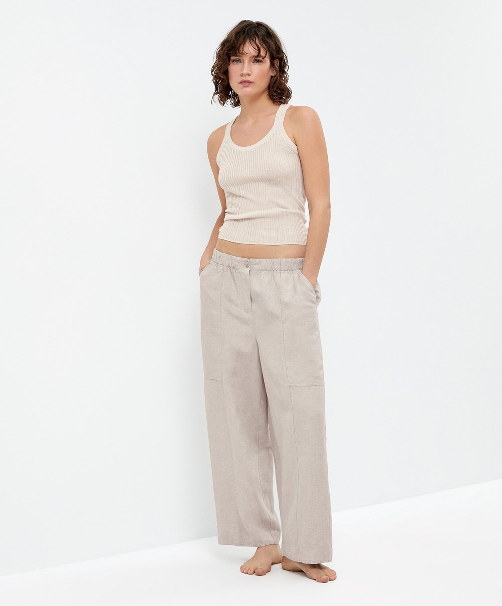 Oysho Linen Barrel Trousers Sand Melange | WJMF17653