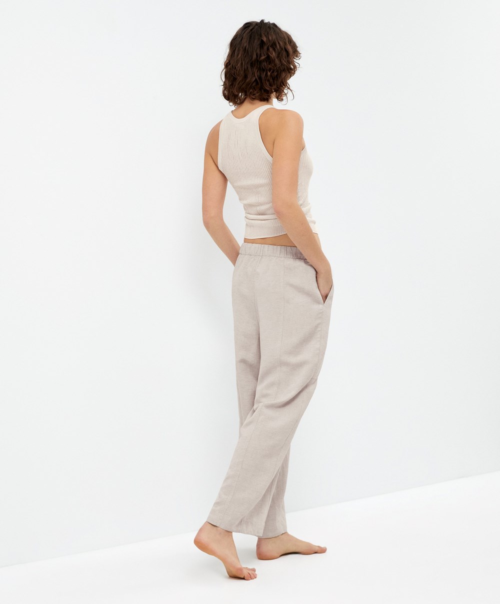 Oysho Linen Barrel Trousers Sand Melange | WJMF17653