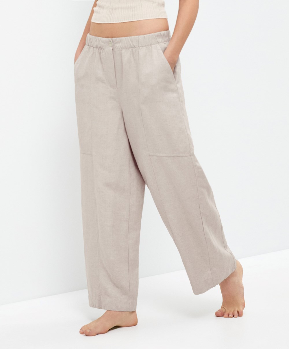 Oysho Linen Barrel Trousers Sand Melange | WJMF17653