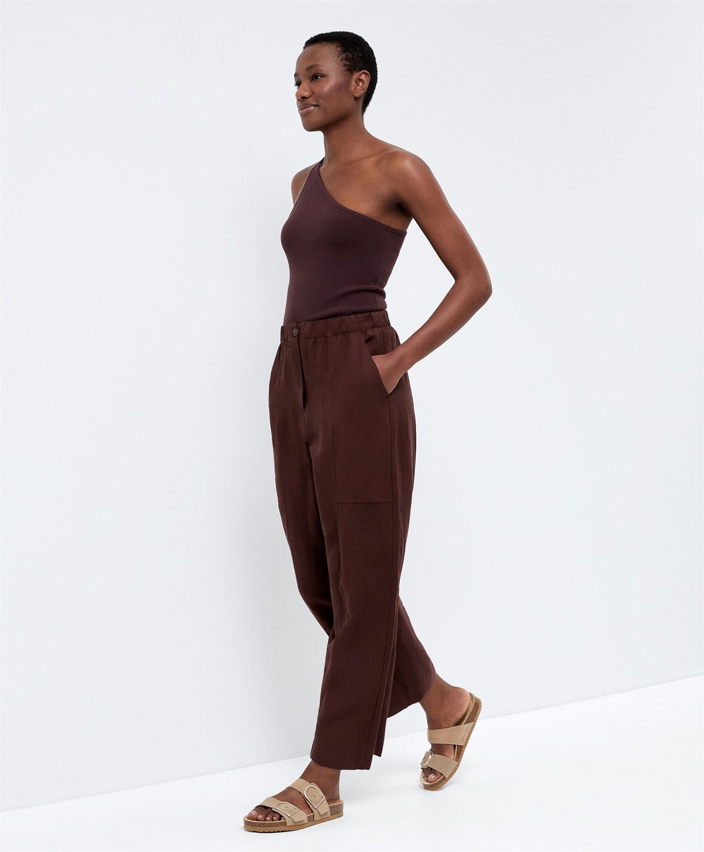 Oysho Linen Barrel Trousers Sjokolade | WAYF42398