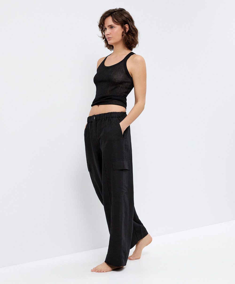 Oysho Linen Cargo Trousers Svarte | RSQE39721