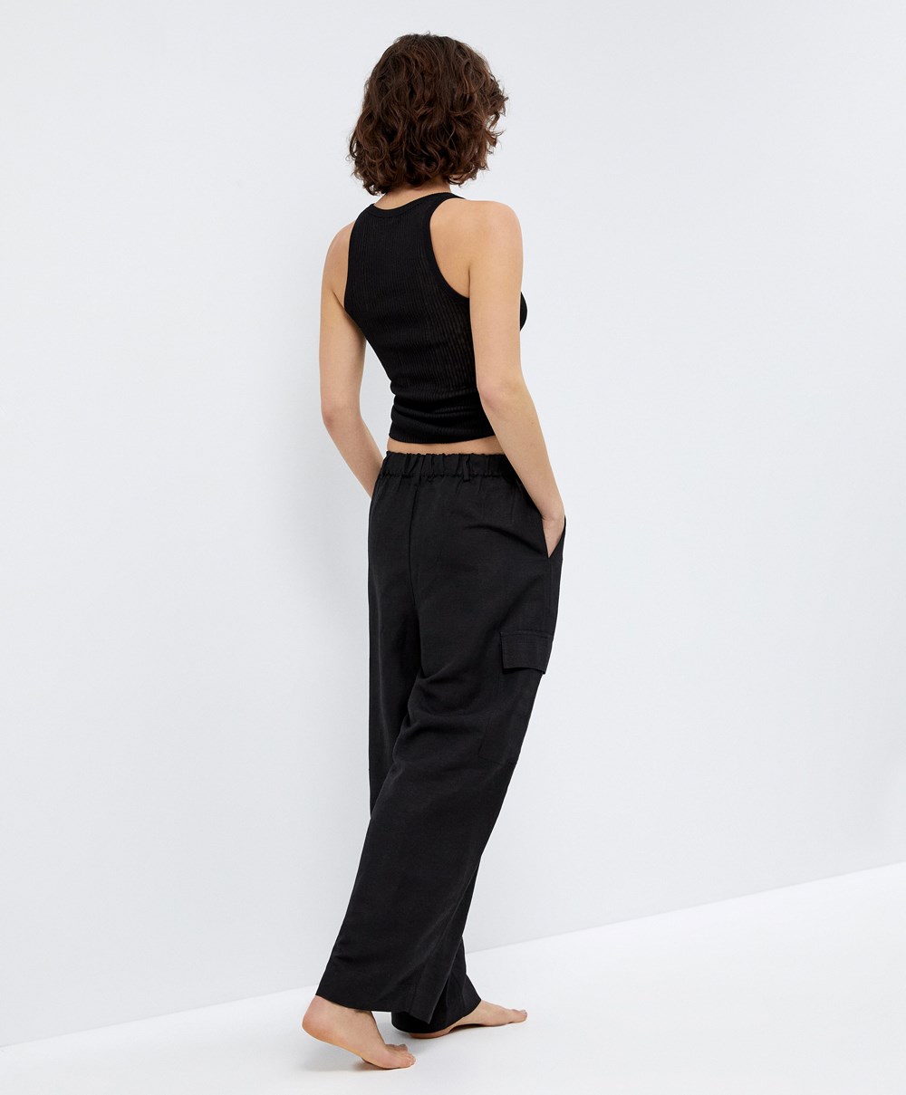 Oysho Linen Cargo Trousers Svarte | RSQE39721