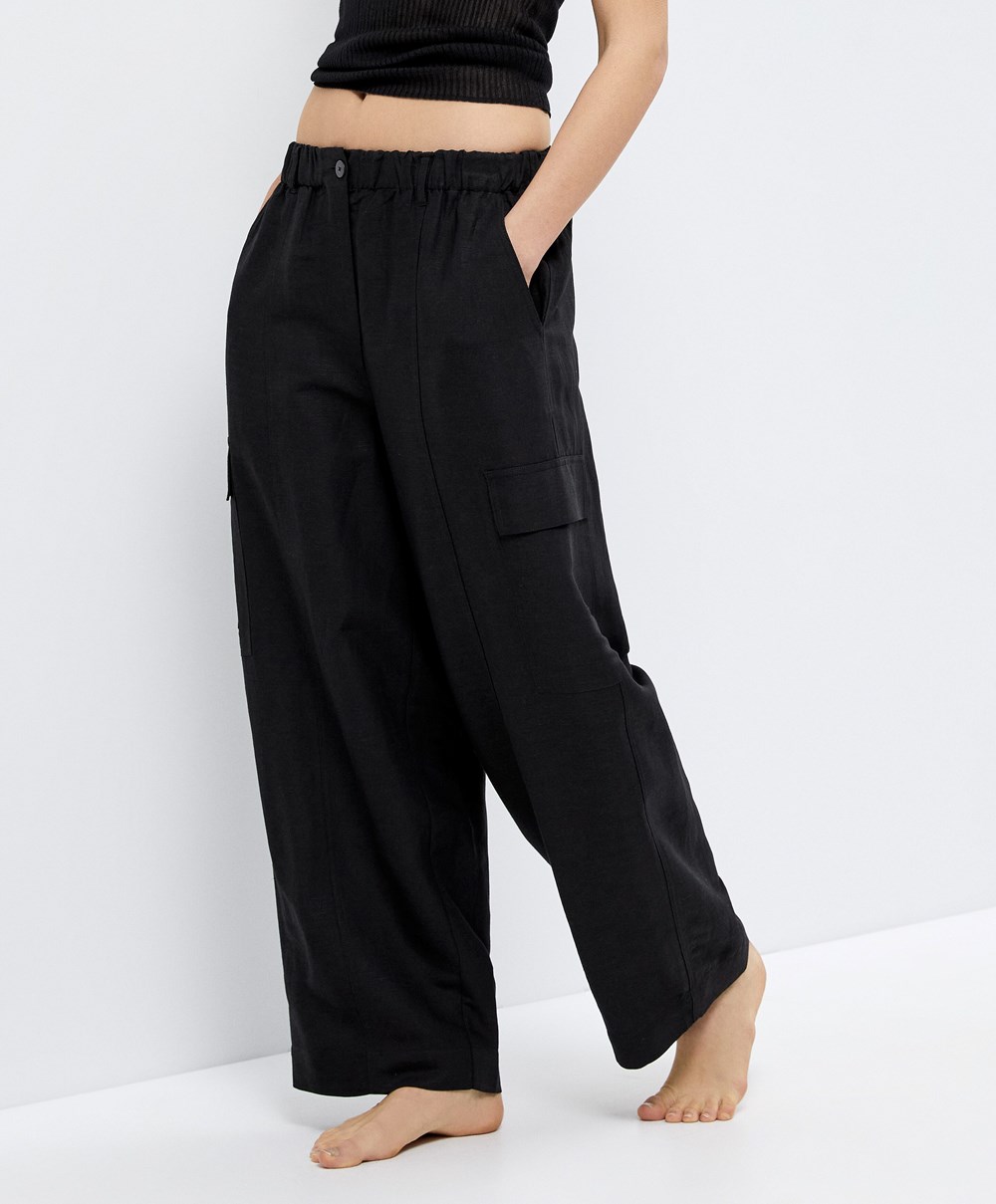 Oysho Linen Cargo Trousers Svarte | RSQE39721