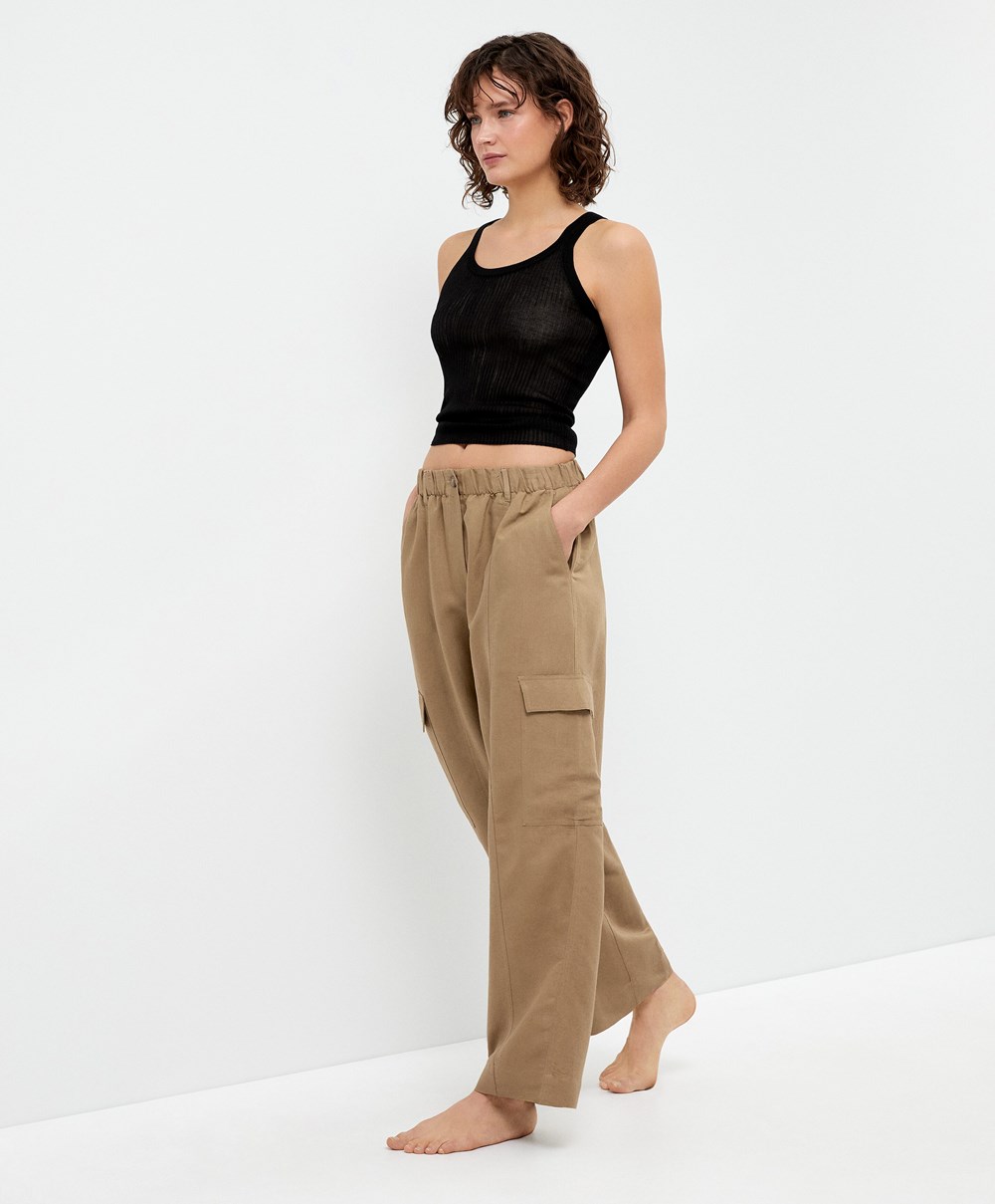 Oysho Linen Cargo Trousers Tan | UGIH18923