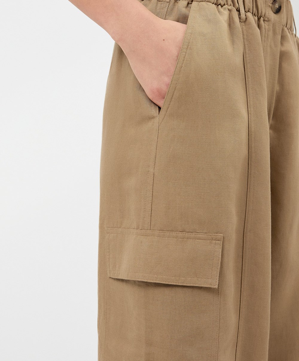 Oysho Linen Cargo Trousers Tan | UGIH18923