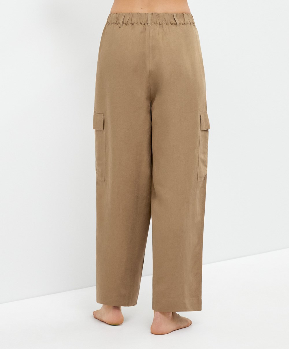 Oysho Linen Cargo Trousers Tan | UGIH18923