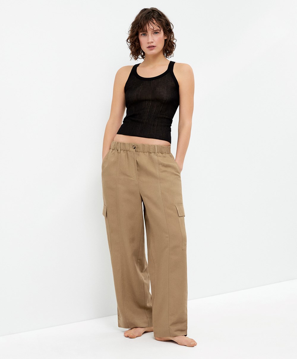 Oysho Linen Cargo Trousers Tan | UGIH18923