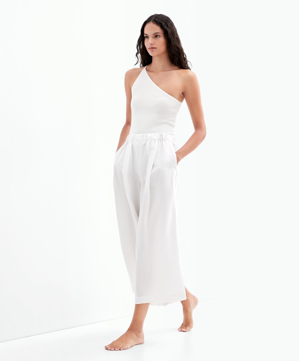 Oysho Linen Crop Trousers Hvite | XQIJ09734