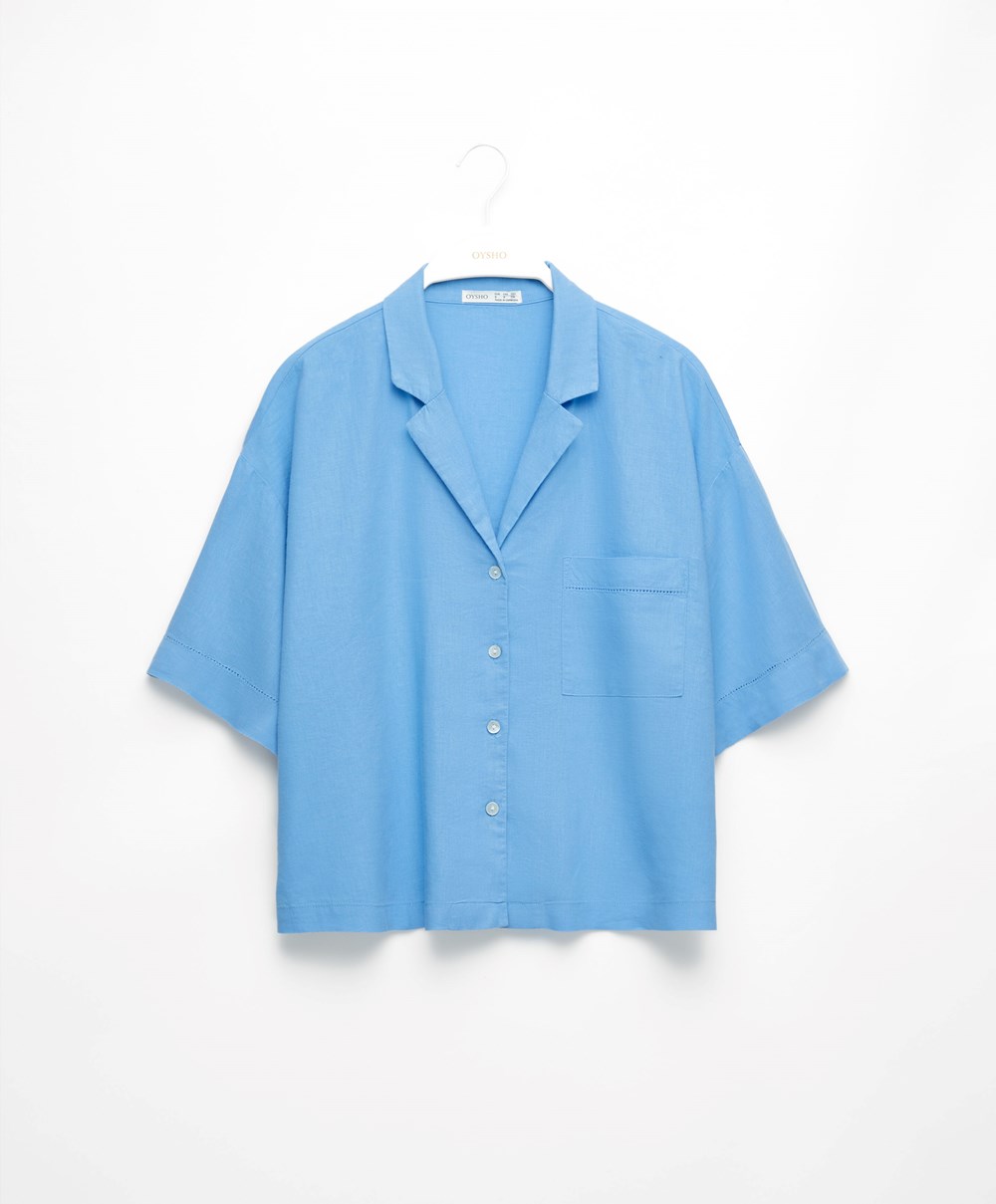 Oysho Linen Kort-sleeved Shirt Blå | GKOM93172