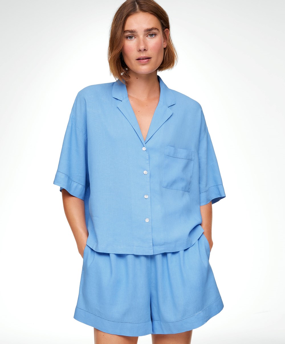 Oysho Linen Kort-sleeved Shirt Blå | GKOM93172