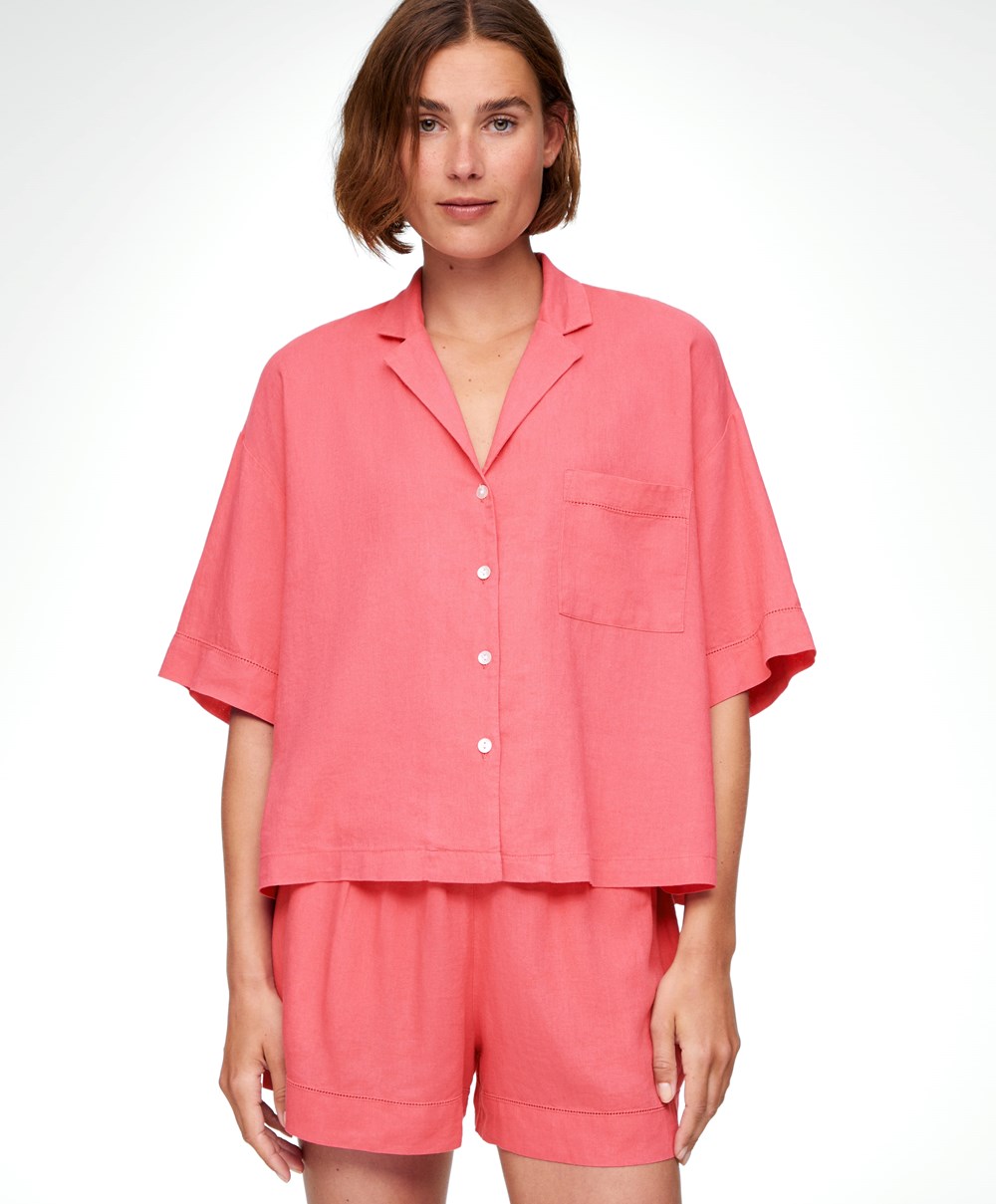 Oysho Linen Kort-sleeved Shirt Korall Rosa | PKLW16308