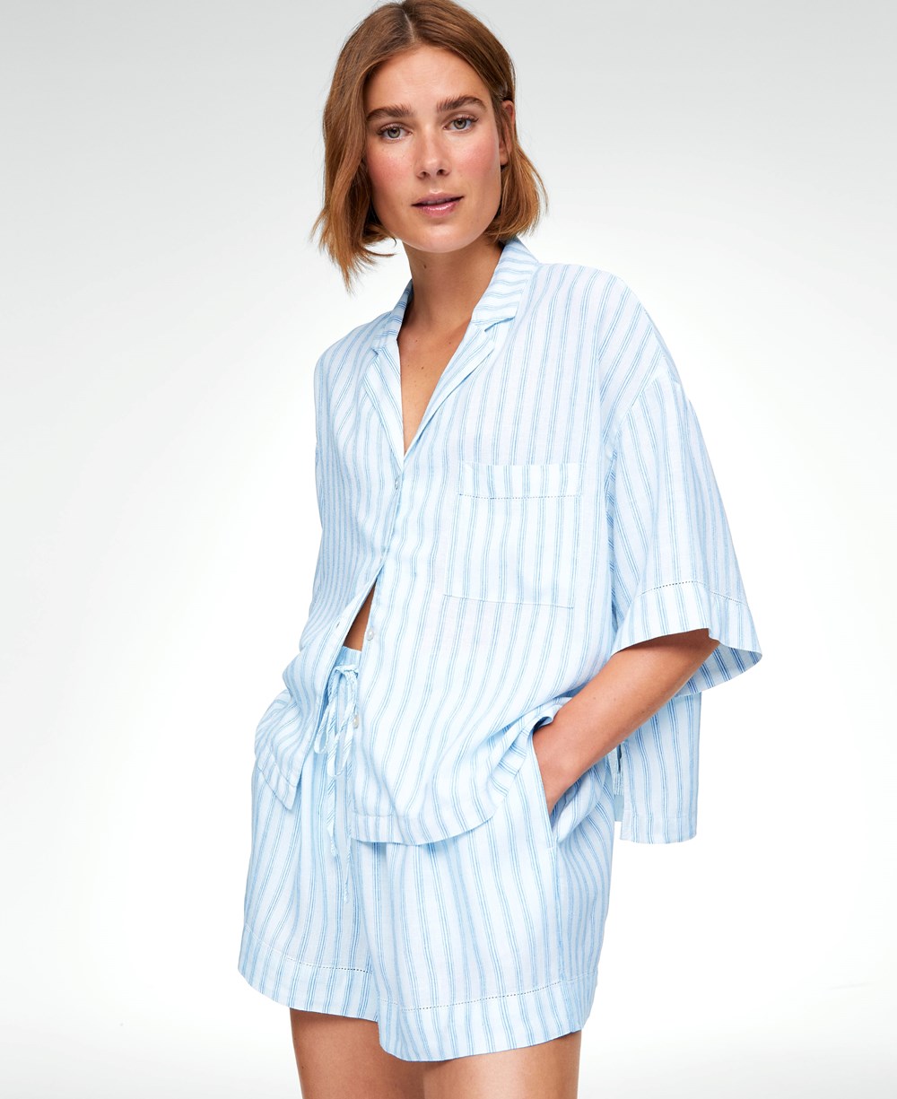 Oysho Linen Kort-sleeved Shirt Pale Ecru | ZYJU83607