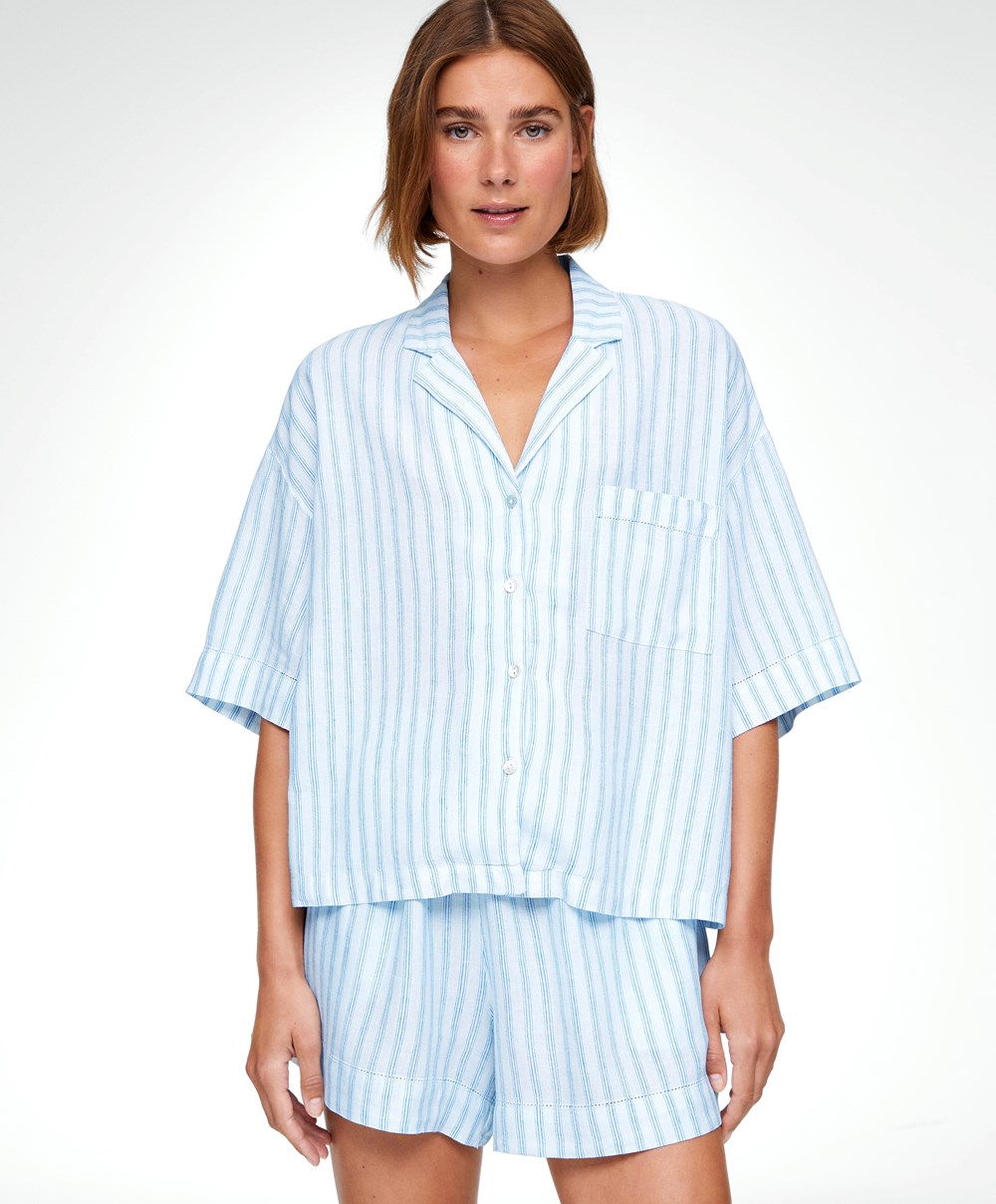 Oysho Linen Kort-sleeved Shirt Pale Ecru | ZYJU83607