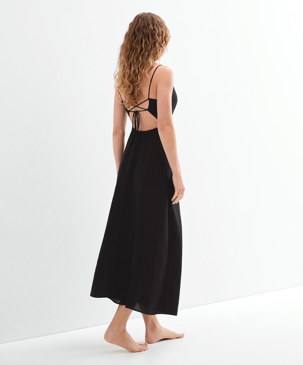 Oysho Linen Long Strappy Kjoler With Wave Detail Svarte | GCLV24098