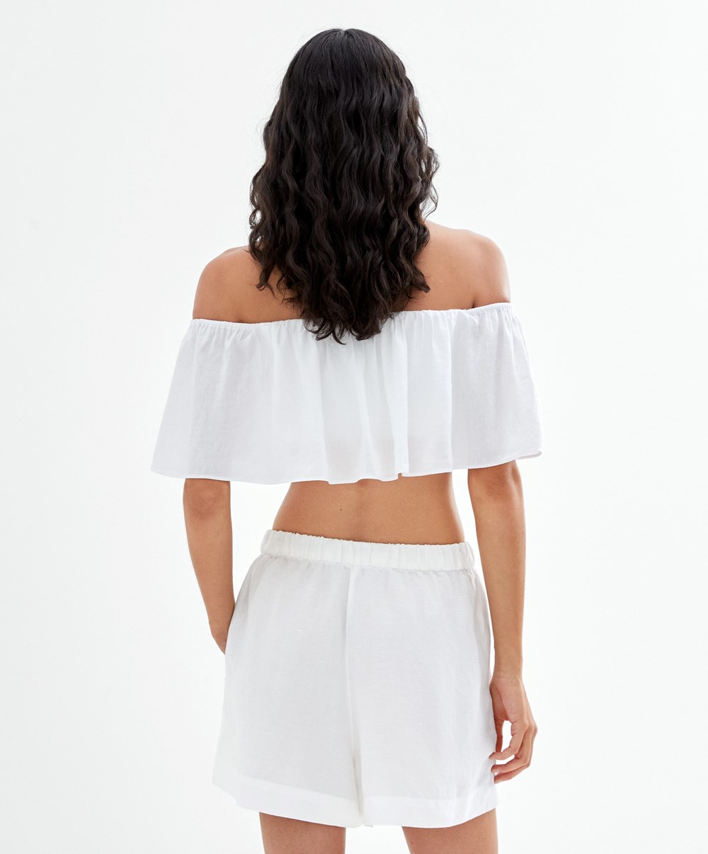 Oysho Linen Off-shoulder Top Hvite | KIXQ06194