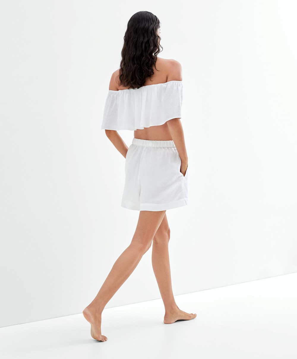 Oysho Linen Off-shoulder Top Hvite | KIXQ06194