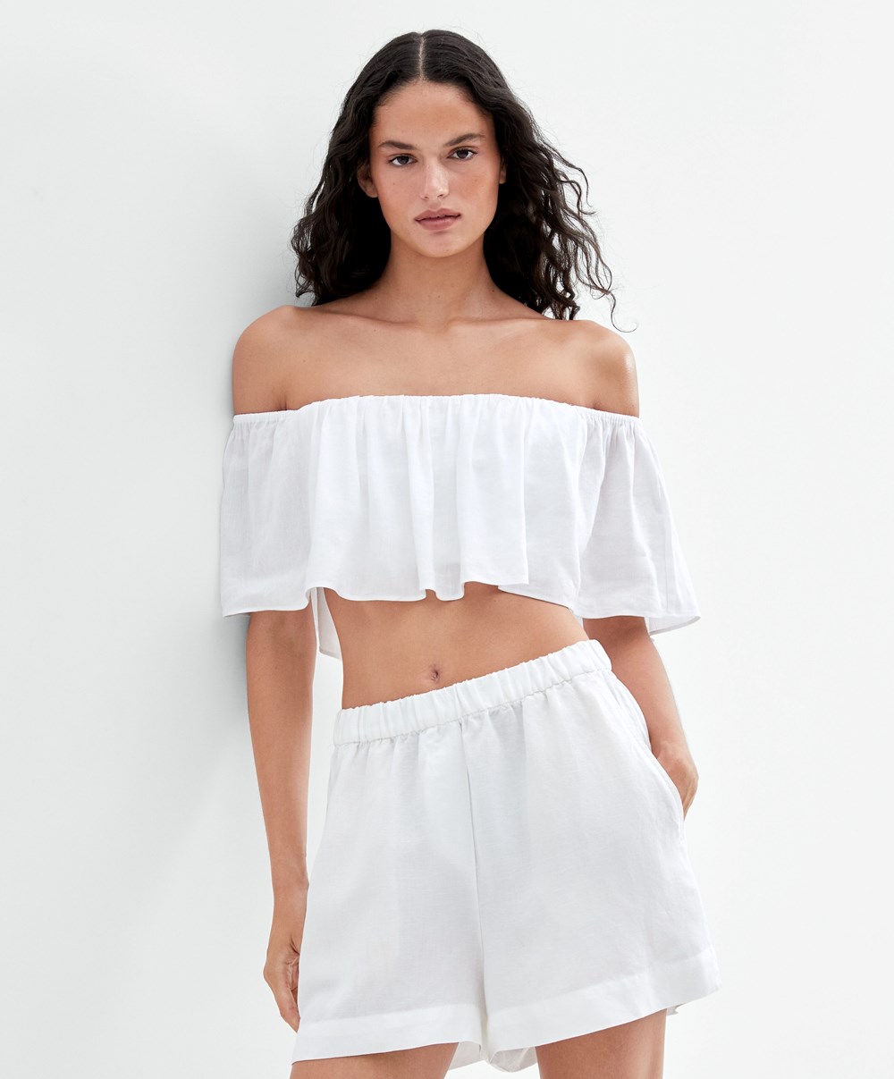 Oysho Linen Off-shoulder Top Hvite | KIXQ06194