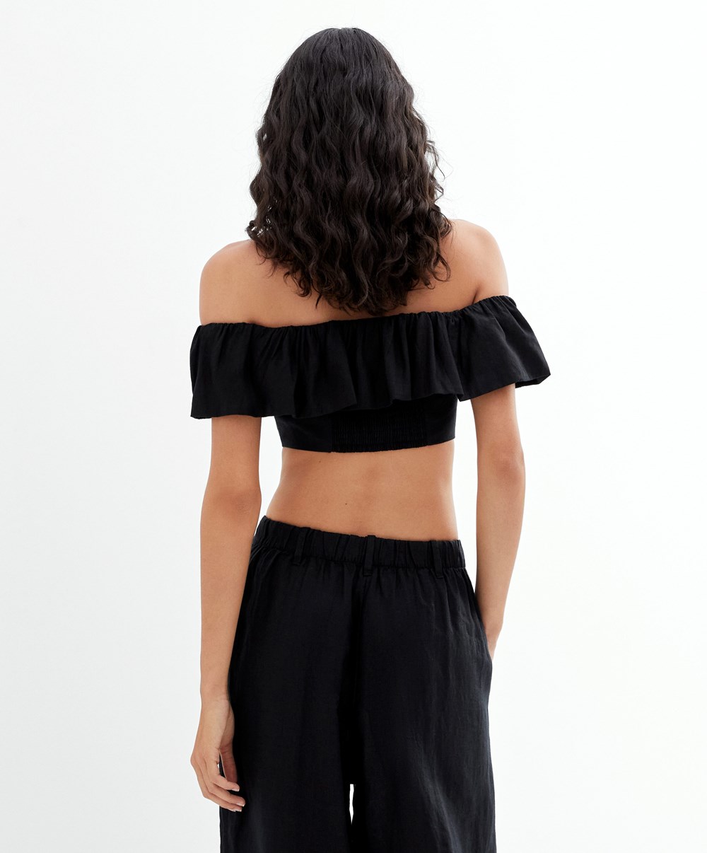 Oysho Linen Off-shoulder Top Svarte | BYJK03286