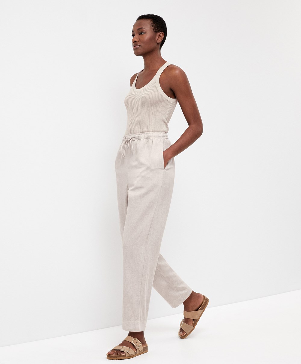 Oysho Linen Relaxed Fit Trousers Sand Melange | UTEO76302