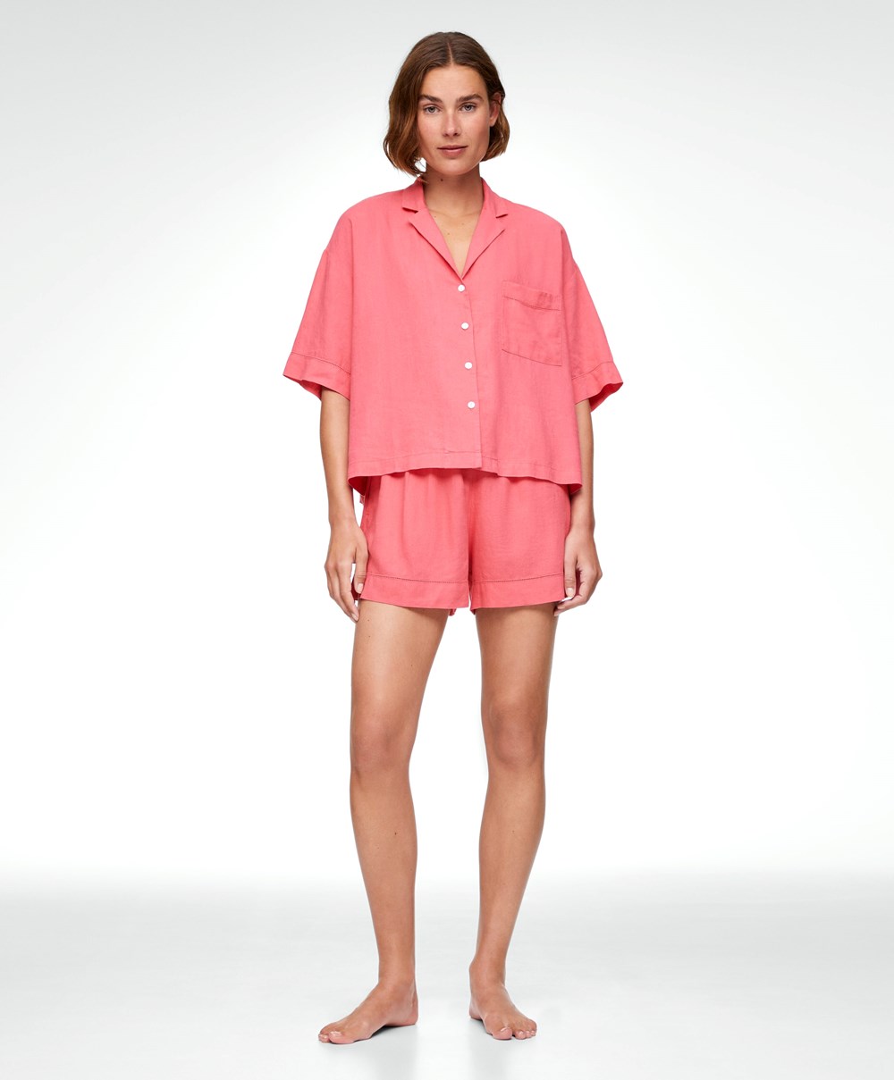 Oysho Linen Shorts Korall Rosa | IJLY02136