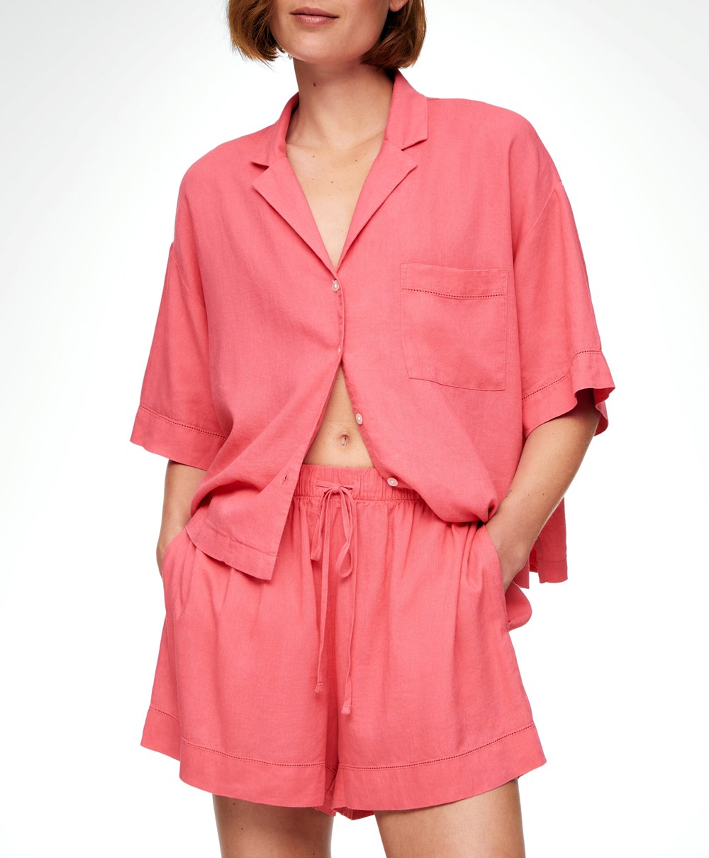 Oysho Linen Shorts Korall Rosa | IJLY02136