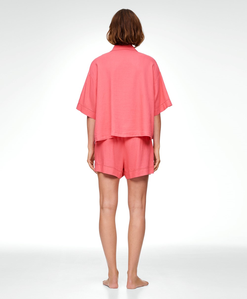 Oysho Linen Shorts Korall Rosa | IJLY02136