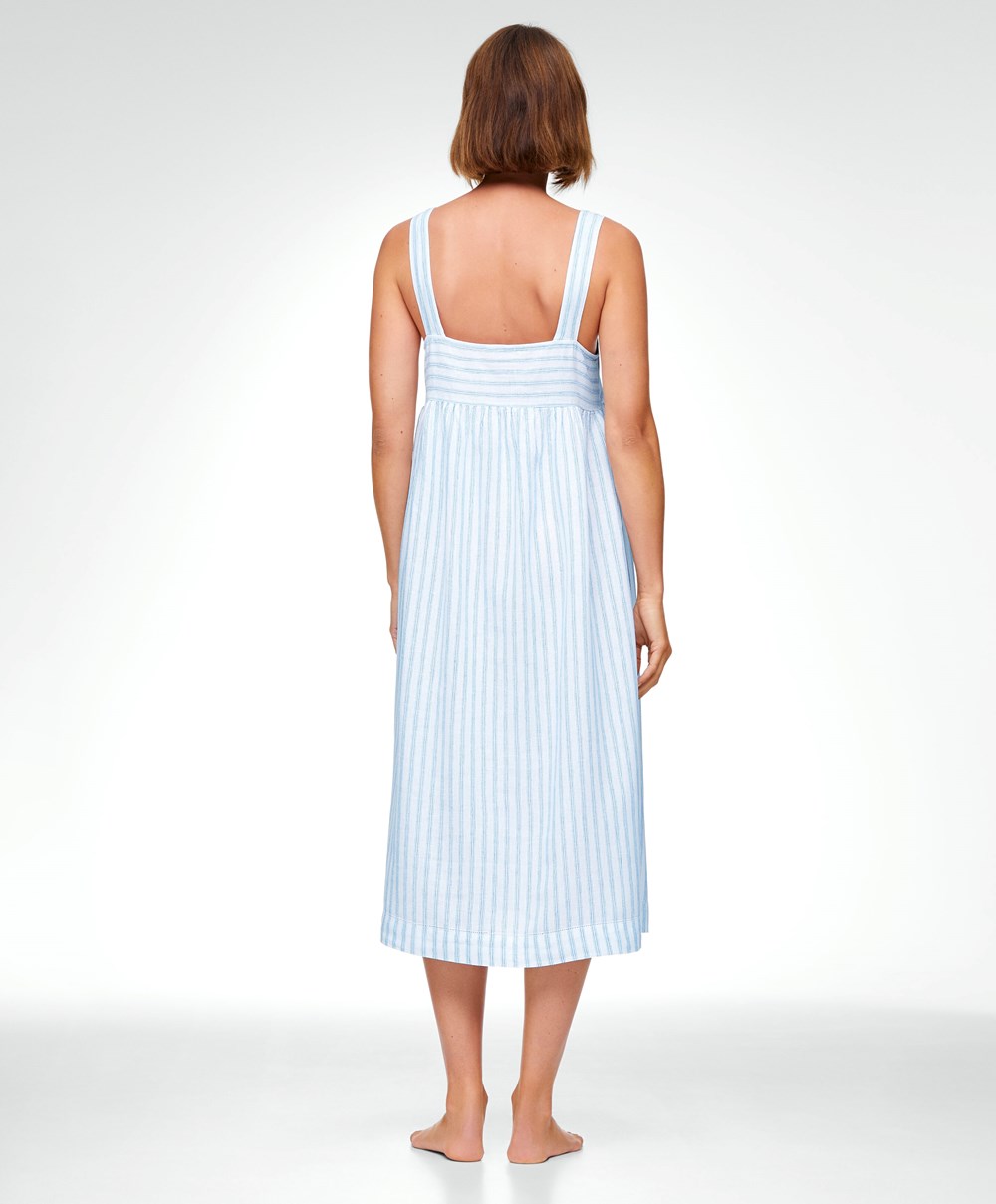 Oysho Linen Strappy Midi Nightdress Pale Ecru | OTYU69427