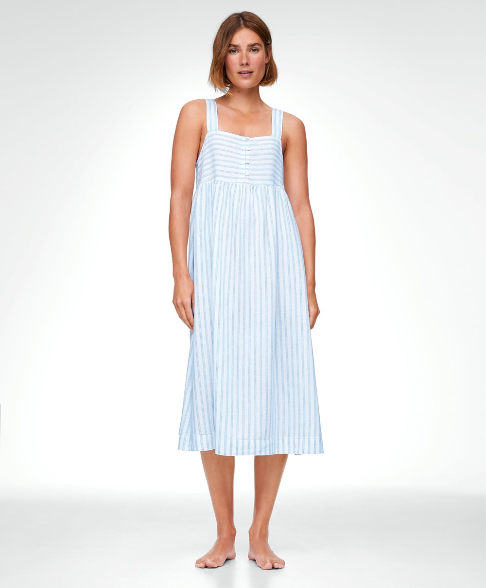 Oysho Linen Strappy Midi Nightdress Pale Ecru | OTYU69427