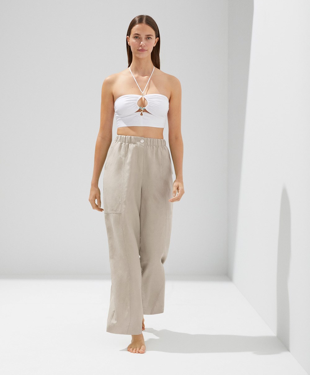 Oysho Linen Strappy Top With Stone Details Hvite | TKCA12580