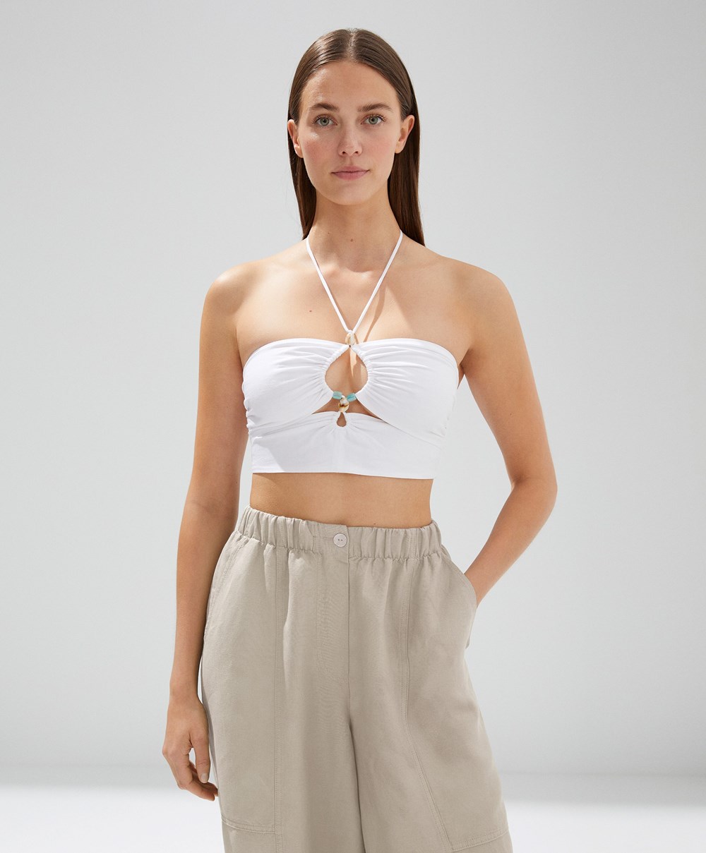 Oysho Linen Strappy Top With Stone Details Hvite | TKCA12580