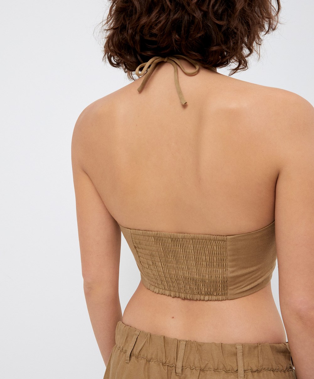 Oysho Linen Strappy Top With Stone Details Tan | YFHQ67235