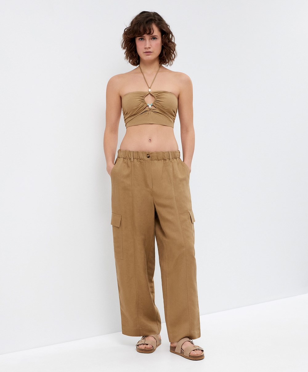 Oysho Linen Strappy Top With Stone Details Tan | YFHQ67235