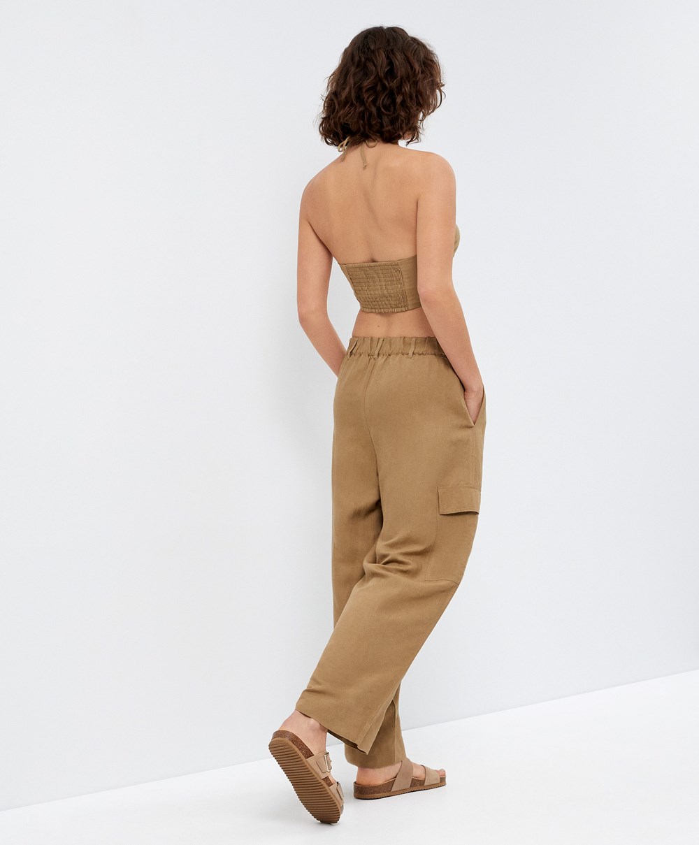 Oysho Linen Strappy Top With Stone Details Tan | YFHQ67235