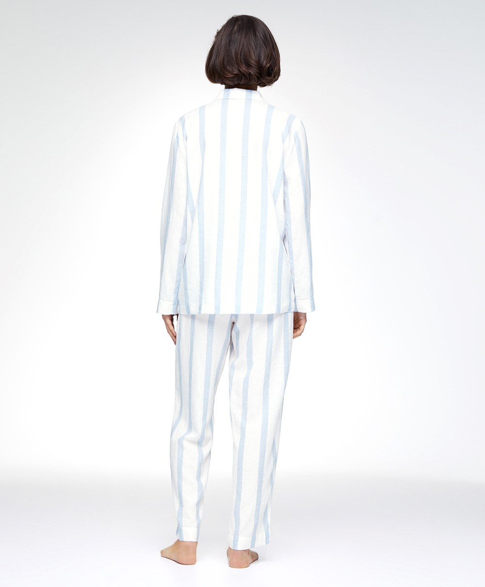 Oysho Linen Stripe Trousers Pale Ecru | YTSU42196